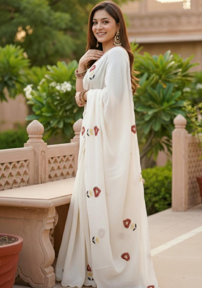 White And Green Hand Work Silk Saree Set - Indya