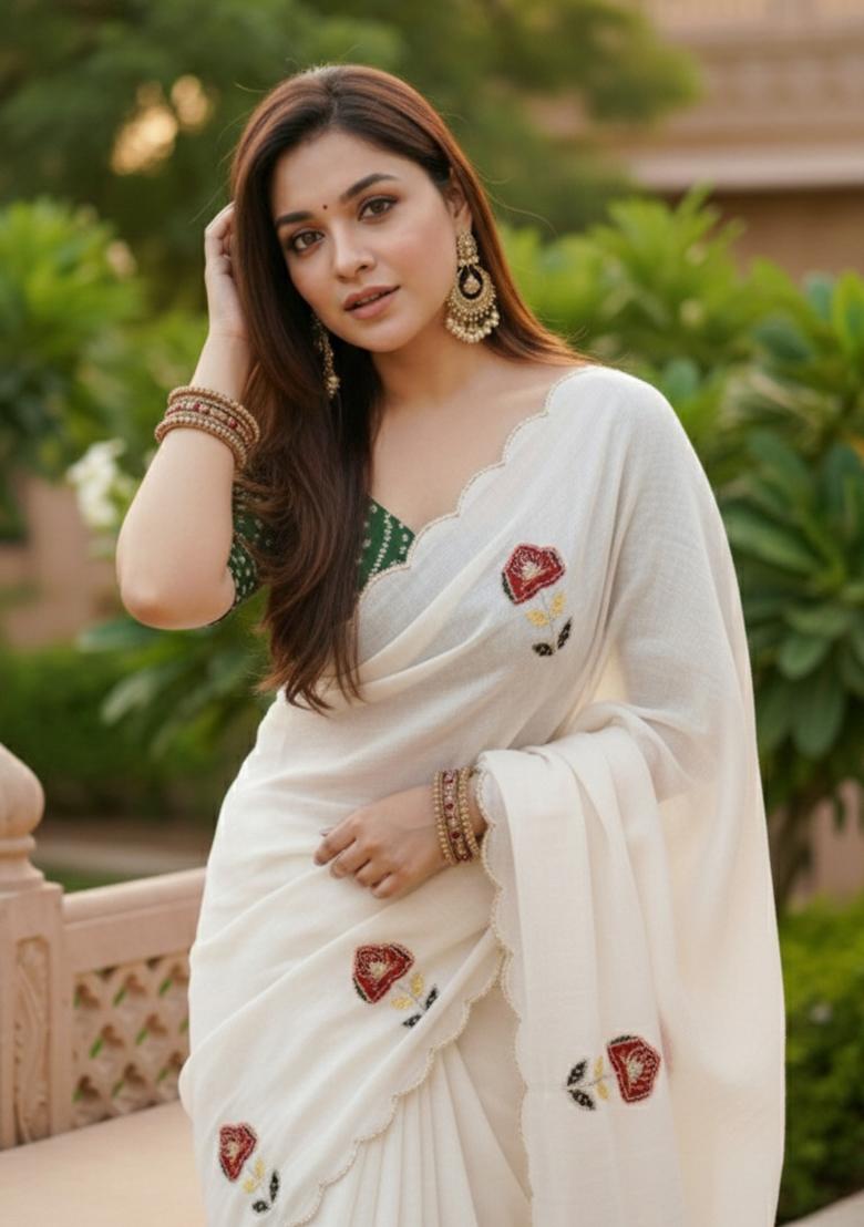 White And Green Hand Work Silk Saree Set - Indya