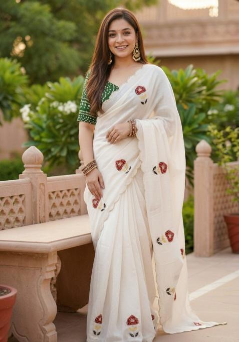 White And Green Hand Work Silk Saree Set