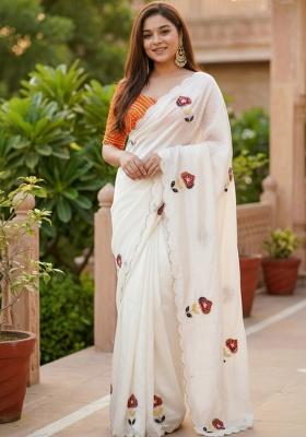 White And Orange Hand Work Silk Saree Set