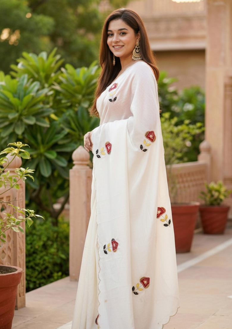 White And Orange Hand Work Silk Saree Set - Indya