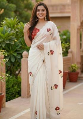 White And Red Hand Work Silk Saree Set