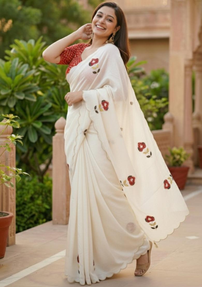 White And Red Hand Work Silk Saree Set - Indya