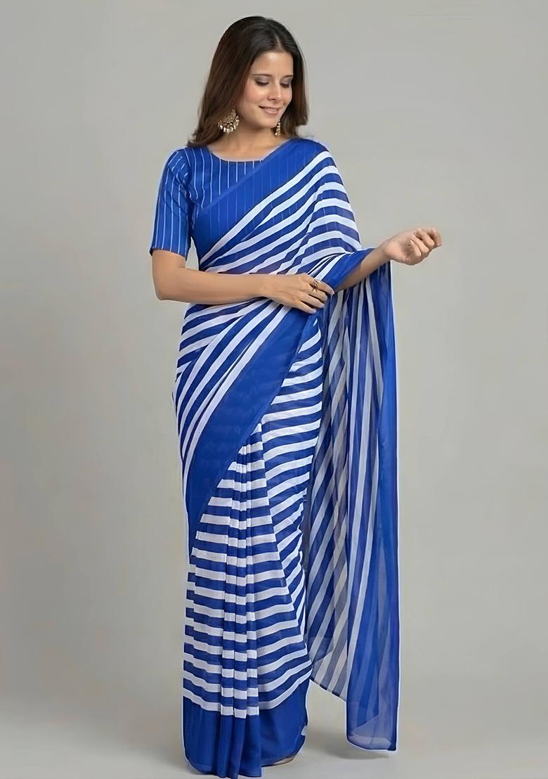 Blue Striped Silk Blend Saree Set - Indya