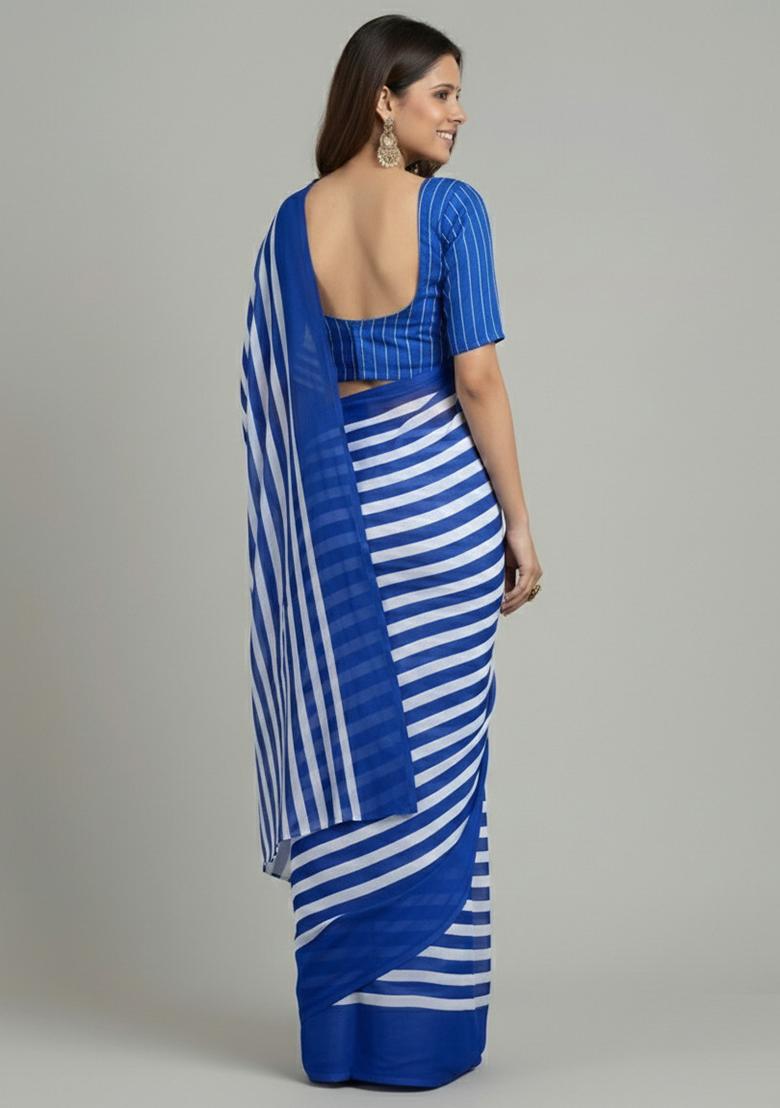 Blue Striped Silk Blend Saree Set - Indya