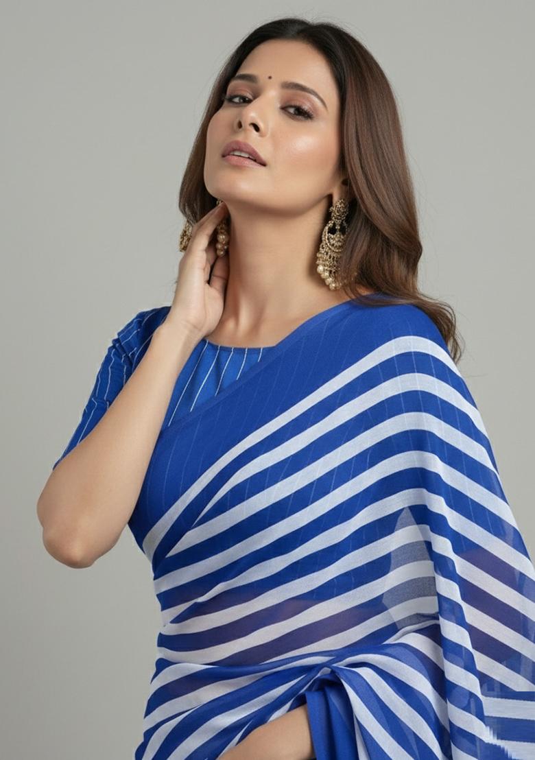 Blue Striped Silk Saree Set - Indya