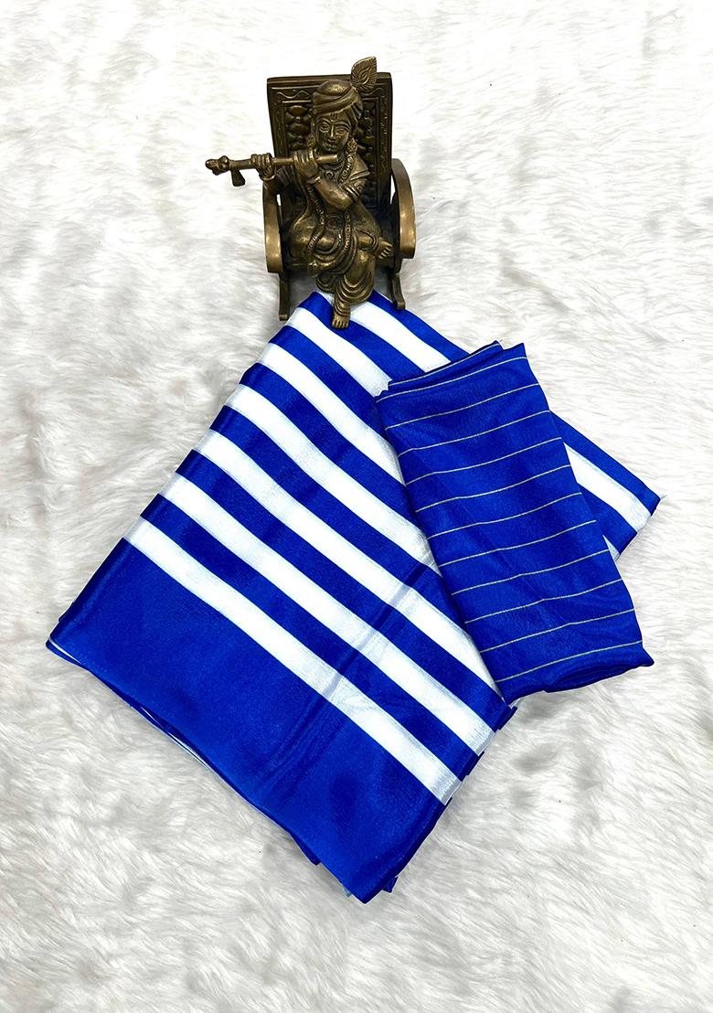 Blue Striped Silk Blend Saree Set - Indya