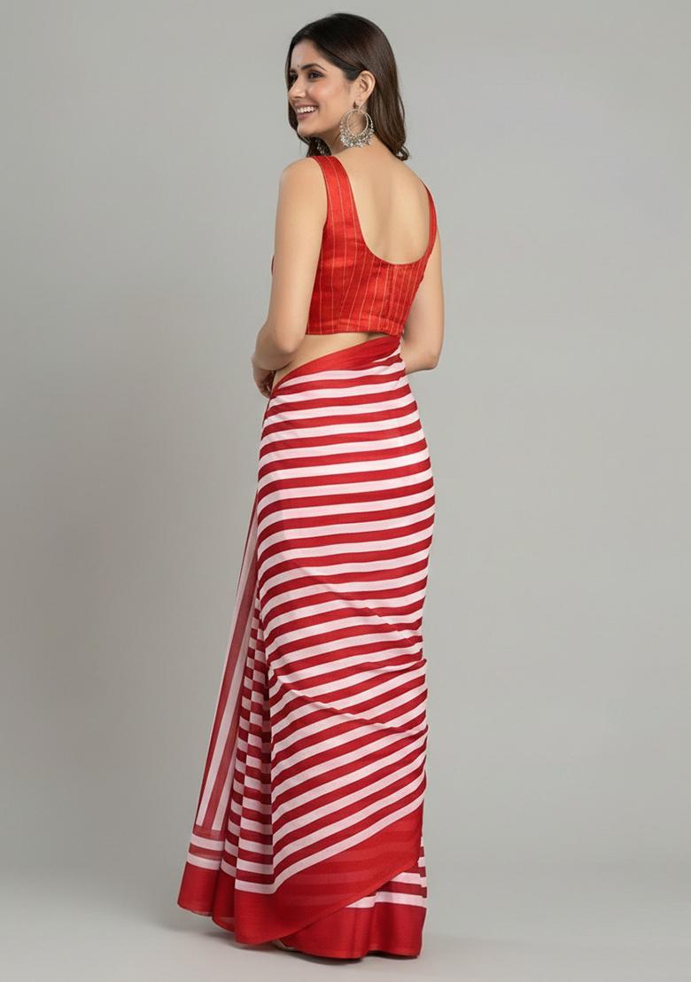 Red Striped Silk Saree Set - Indya