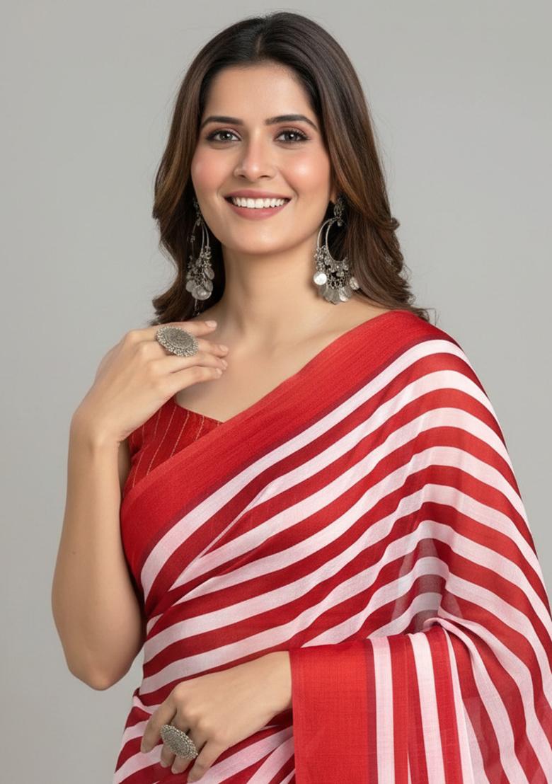 Red Striped Silk Saree Set - Indya