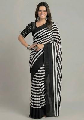 Black Striped Silk Saree Set