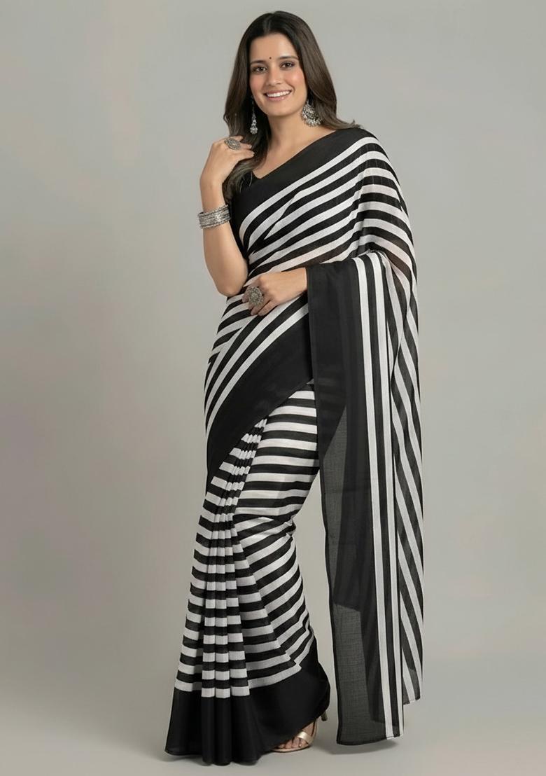 Black Striped Silk Saree Set - Indya