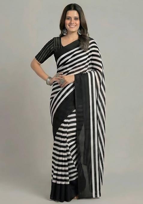 Black Striped Silk Saree Set