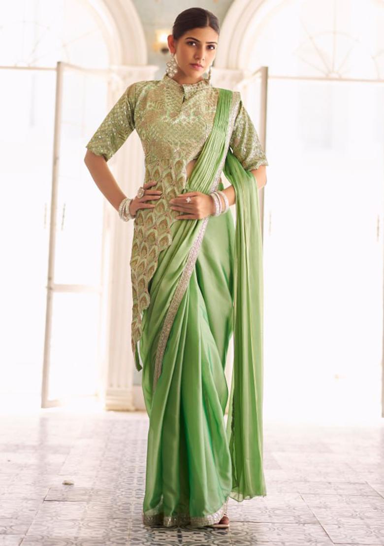 Green Thread Work Silk Saree Set - Indya