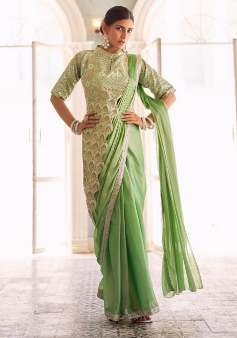 Green Thread Work Silk Saree Set — view on Indya