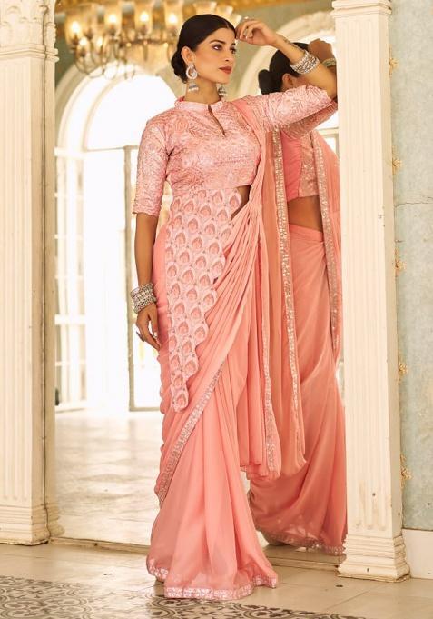 Peach Thread Work Silk Saree Set — view on Indya