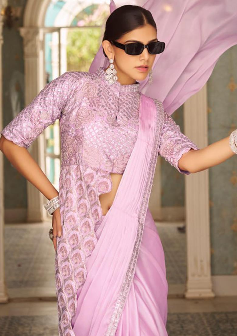 Pink Thread Work Silk Saree Set - Indya