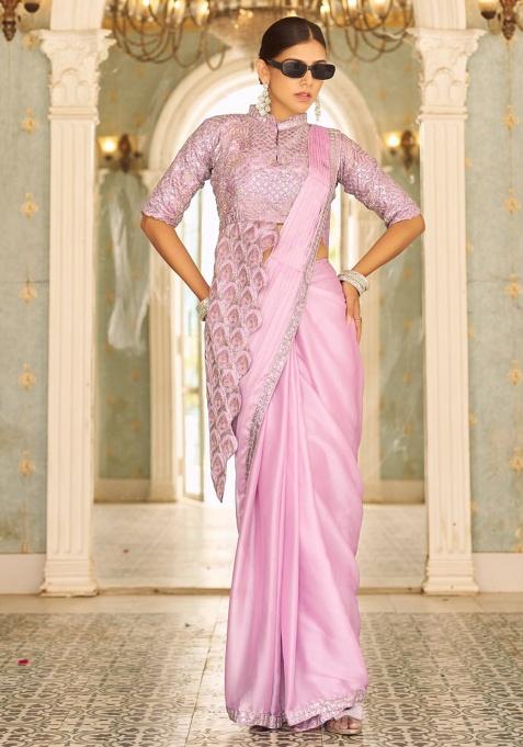 Pink Thread Work Silk Saree Set — view on Indya