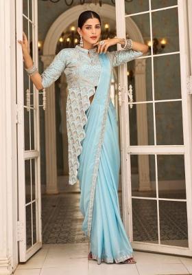 Sky Blue Thread Work Silk Saree Set