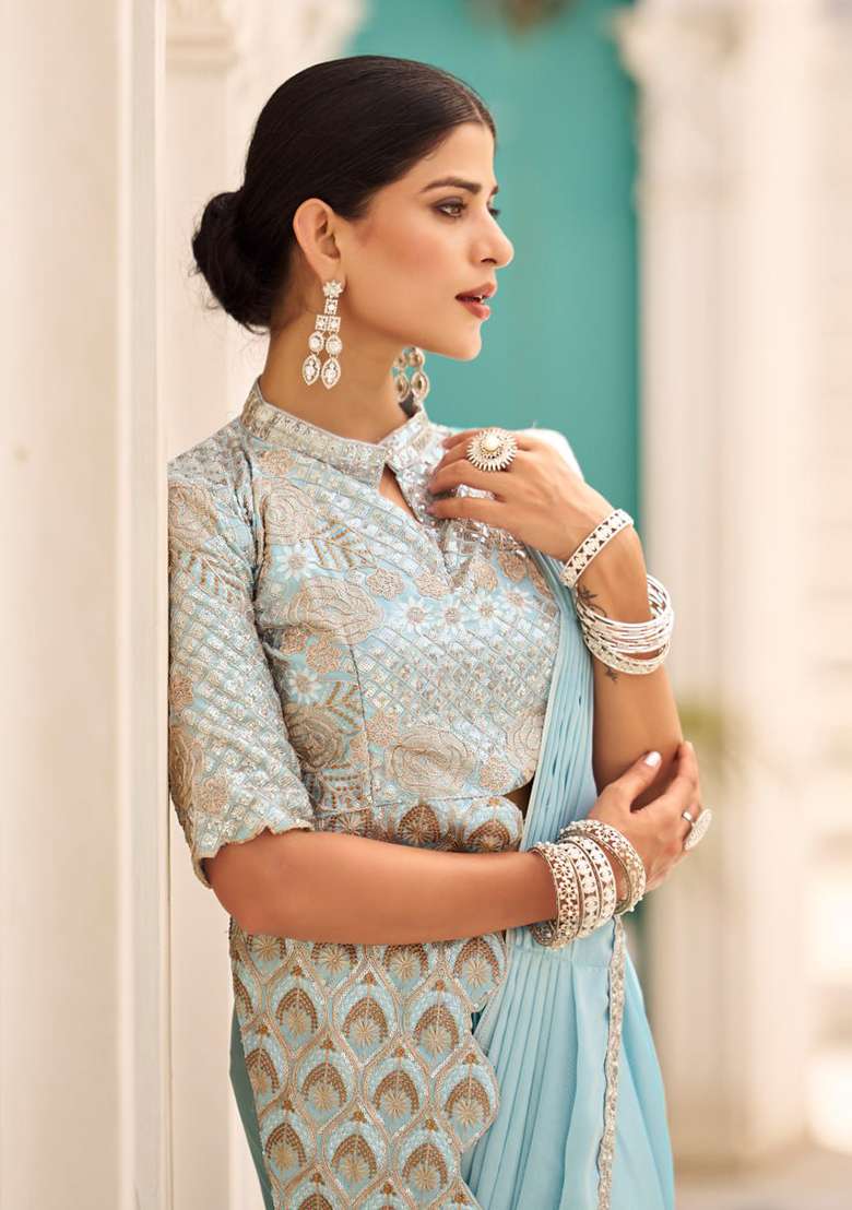 Sky Blue Thread Work Silk Blend Saree Set for Diwali and Festive Wear - Indya