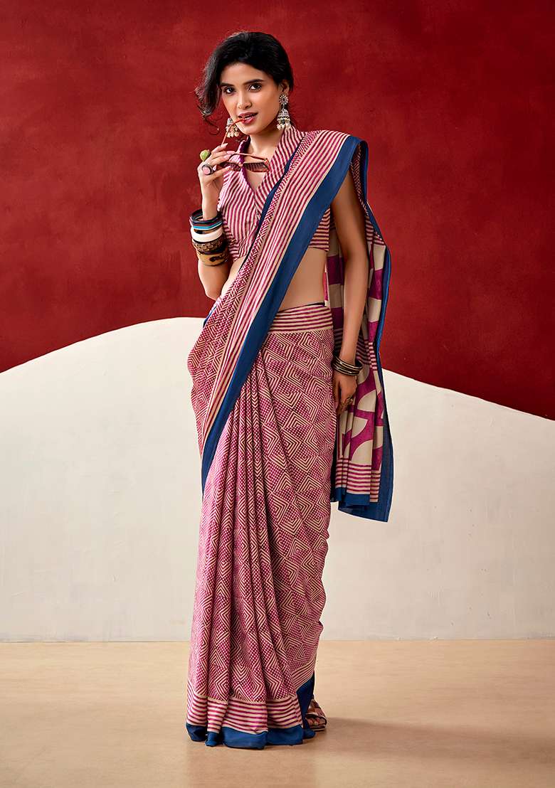 Pink Satin Saree Set with Printed for Diwali | Wedding & Festive Wear - Indya