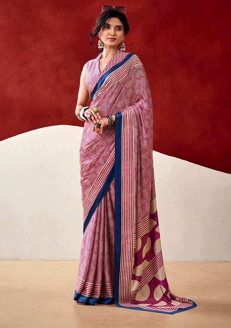Pink Satin Saree Set with Printed for Diwali | Wedding & Festive Wear - Indya