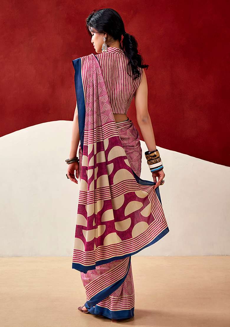 Pink Satin Saree Set with Printed for Diwali | Wedding & Festive Wear - Indya