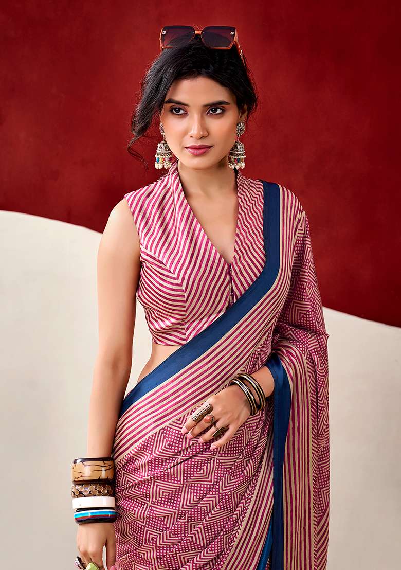 Pink Satin Saree Set with Printed for Diwali | Wedding & Festive Wear - Indya