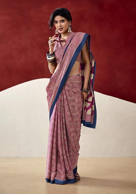 Pink Printed Satin Saree Set