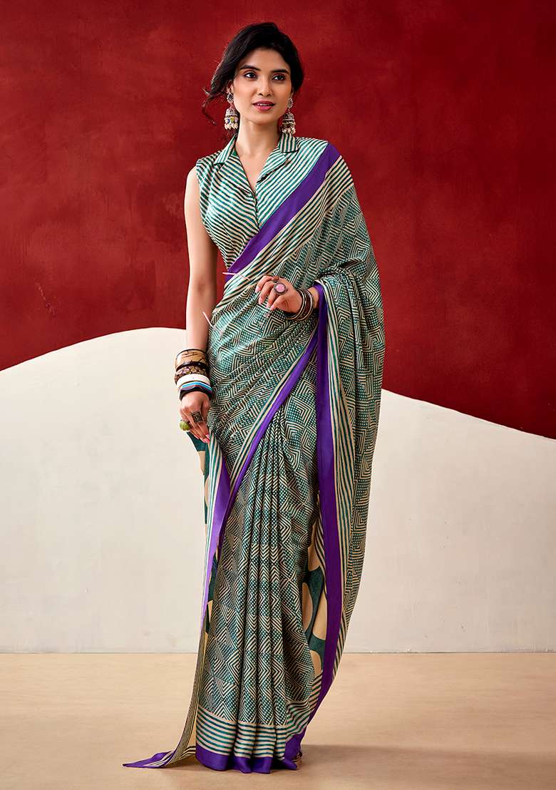 Bottle Green Satin Saree Set with Printed for Diwali | Wedding & Festive Wear - Indya