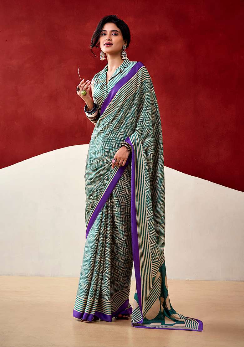 Bottle Green Satin Saree Set with Printed for Diwali | Wedding & Festive Wear - Indya