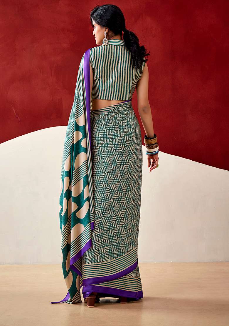 Bottle Green Satin Saree Set with Printed for Diwali | Wedding & Festive Wear - Indya