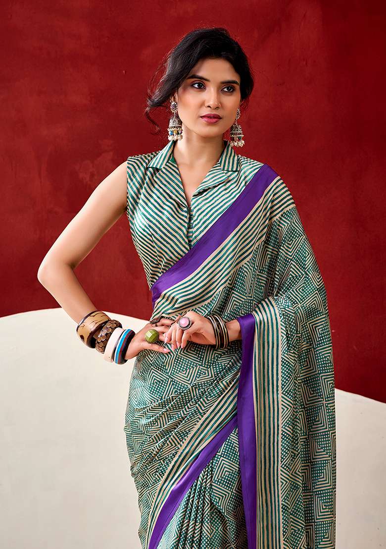 Bottle Green Satin Saree Set with Printed for Diwali | Wedding & Festive Wear - Indya