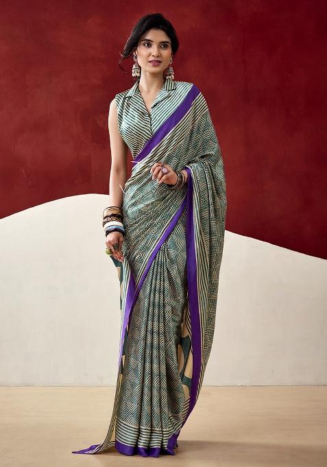 Bottle Green Printed Satin Saree Set