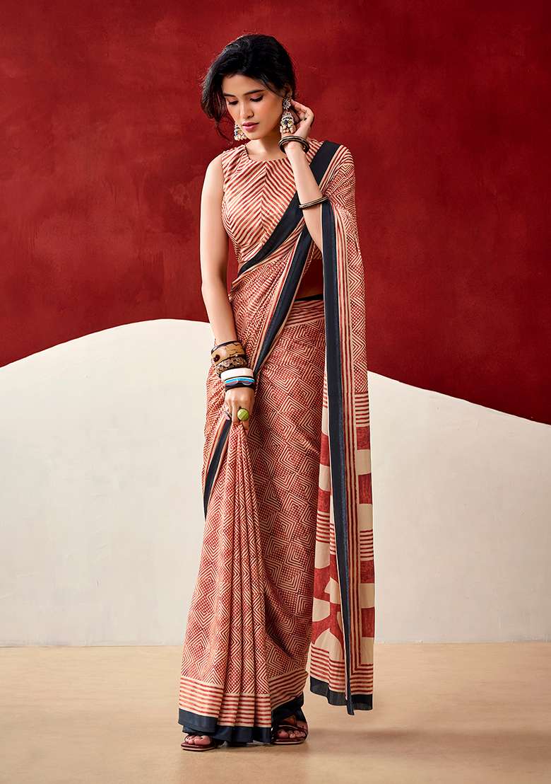 Rust Orange Satin Saree Set with Printed for Diwali | Wedding & Festive Wear - Indya