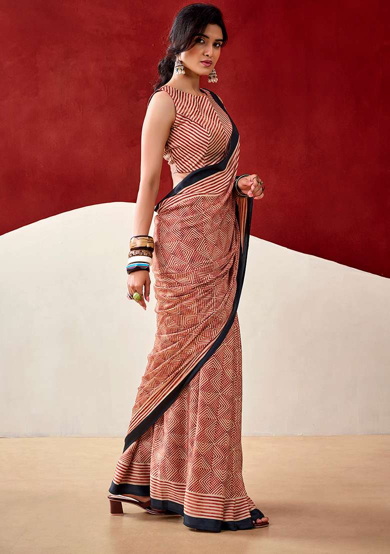 Rust Orange Satin Saree Set with Printed for Diwali | Wedding & Festive Wear - Indya