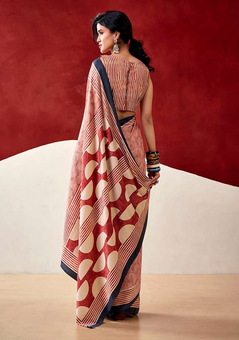 Rust Orange Satin Saree Set with Printed for Diwali | Wedding & Festive Wear - Indya