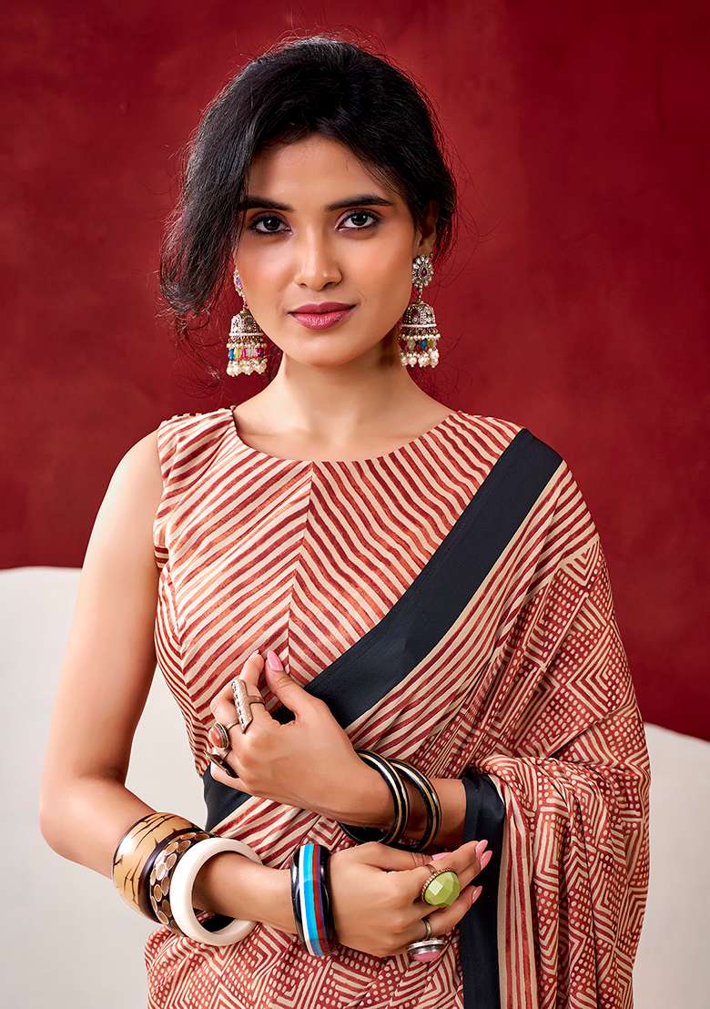 Rust Orange Satin Saree Set with Printed for Diwali | Wedding & Festive Wear - Indya