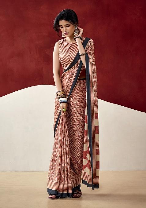 Rust Orange Printed Satin Saree Set