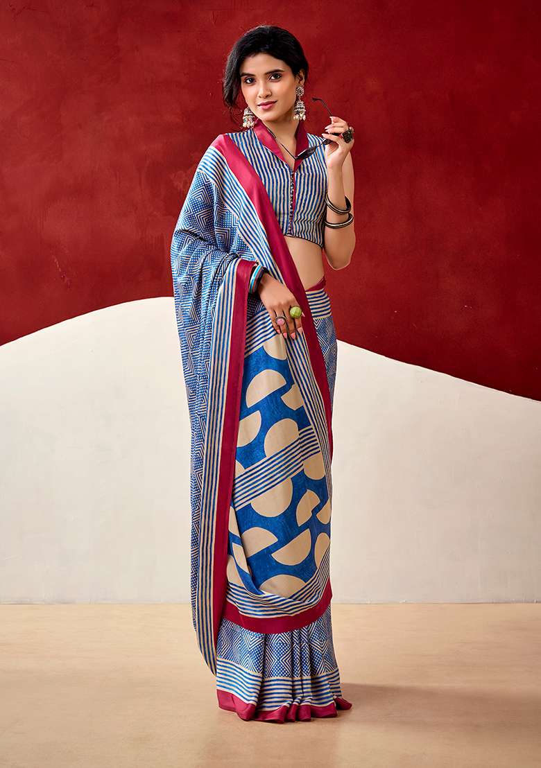 Blue Printed Satin Saree Set for Diwali and Festive Wear - Indya