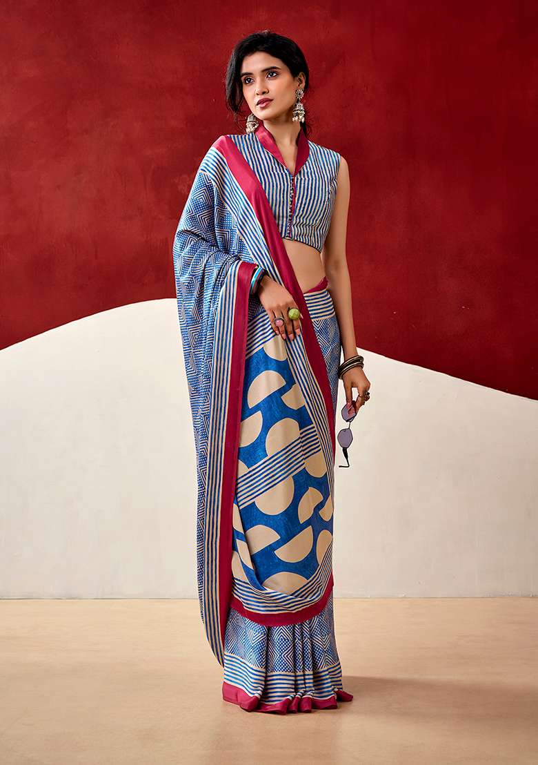 Blue Printed Satin Saree Set for Diwali and Festive Wear - Indya