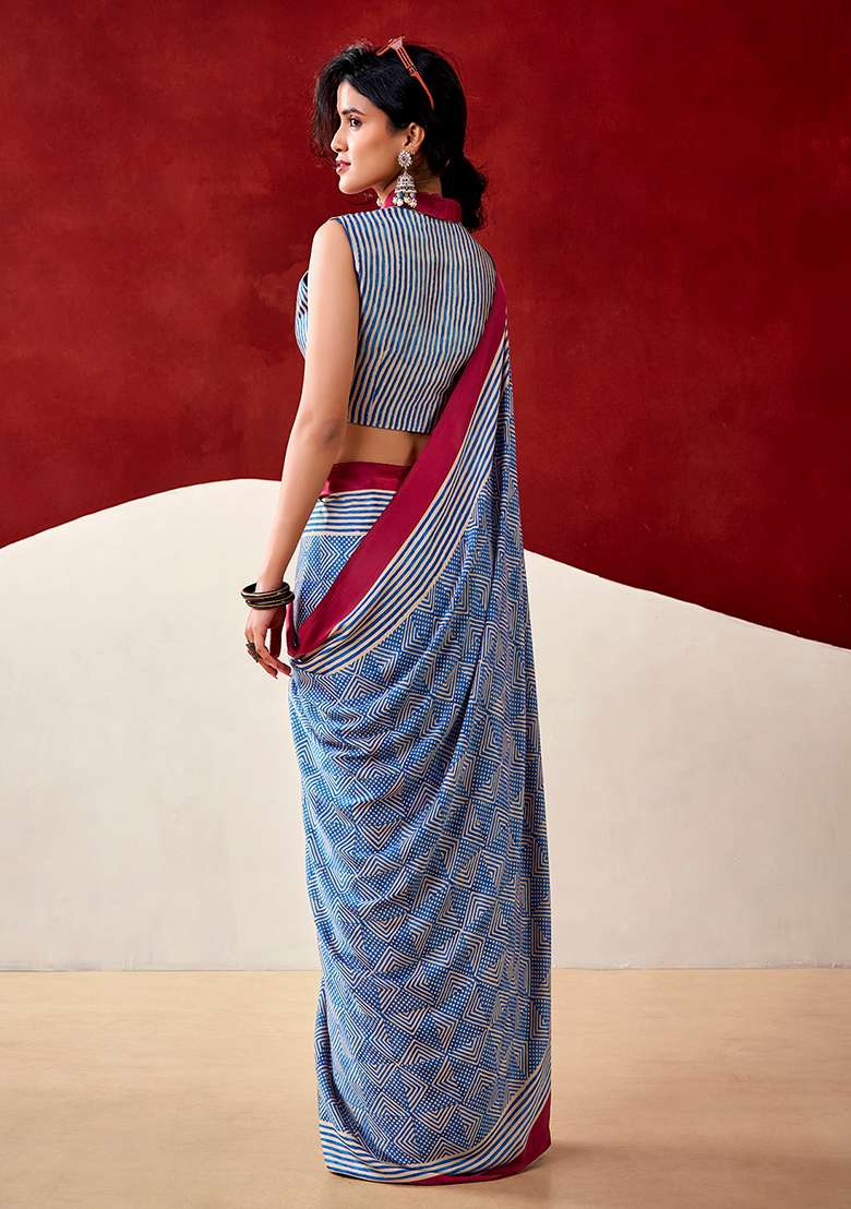 Blue Printed Satin Saree Set for Diwali and Festive Wear - Indya