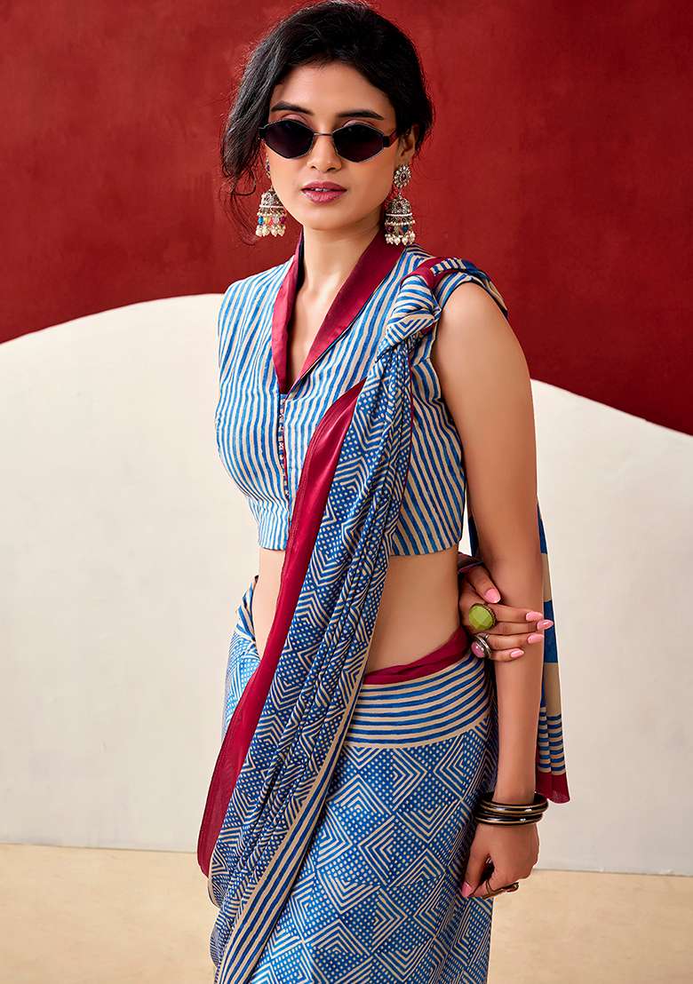 Blue Printed Satin Saree Set for Diwali and Festive Wear - Indya