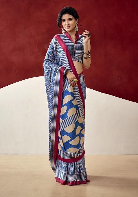 Blue Printed Satin Saree Set