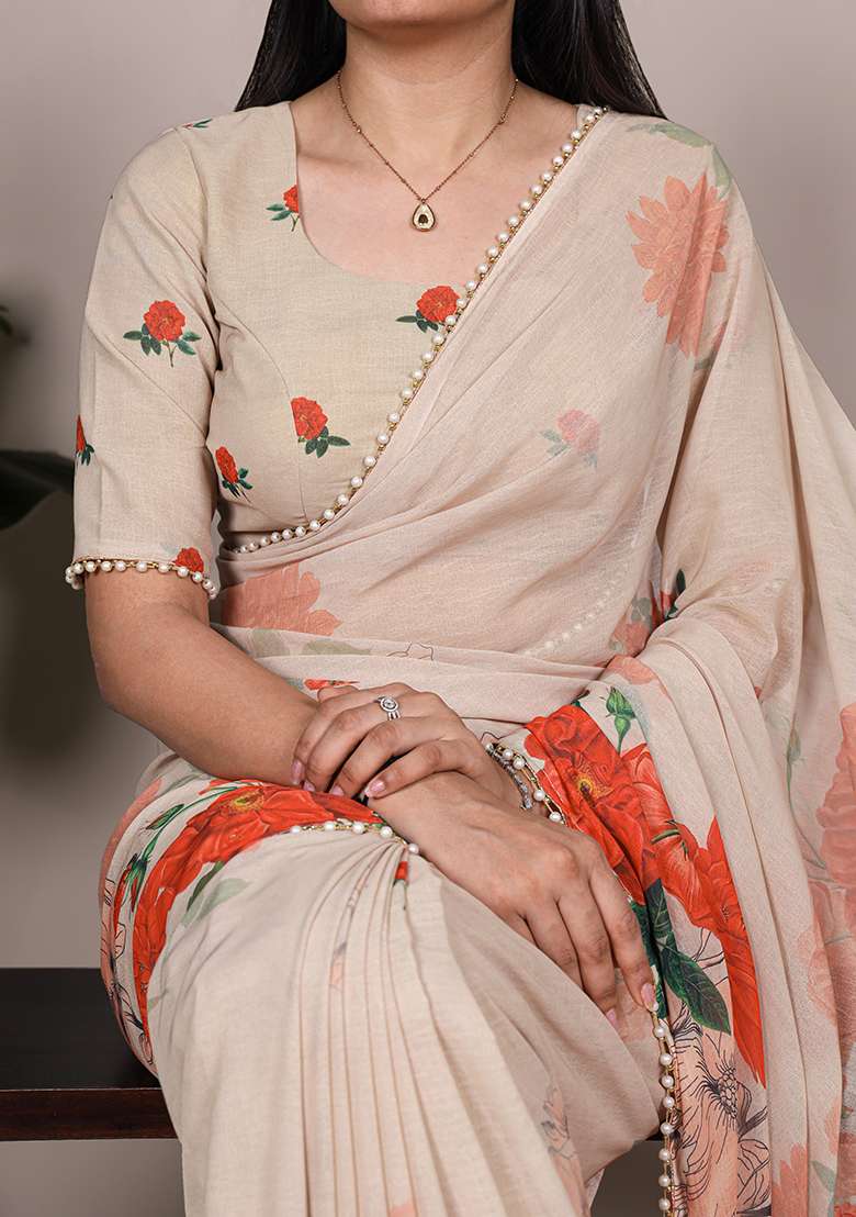 Off White Floral Print Marbal Saree Set for Diwali and Festive Wear - Indya
