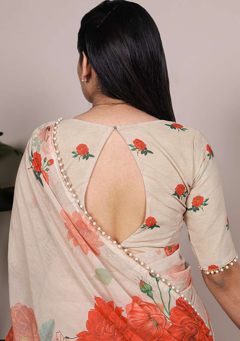 Off White Floral Print Marbal Saree Set for Diwali and Festive Wear - Indya