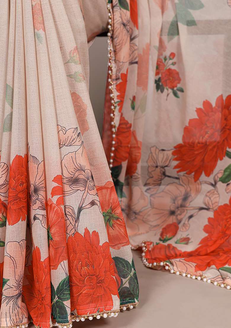 Off White Floral Print Marbal Saree Set for Diwali and Festive Wear - Indya