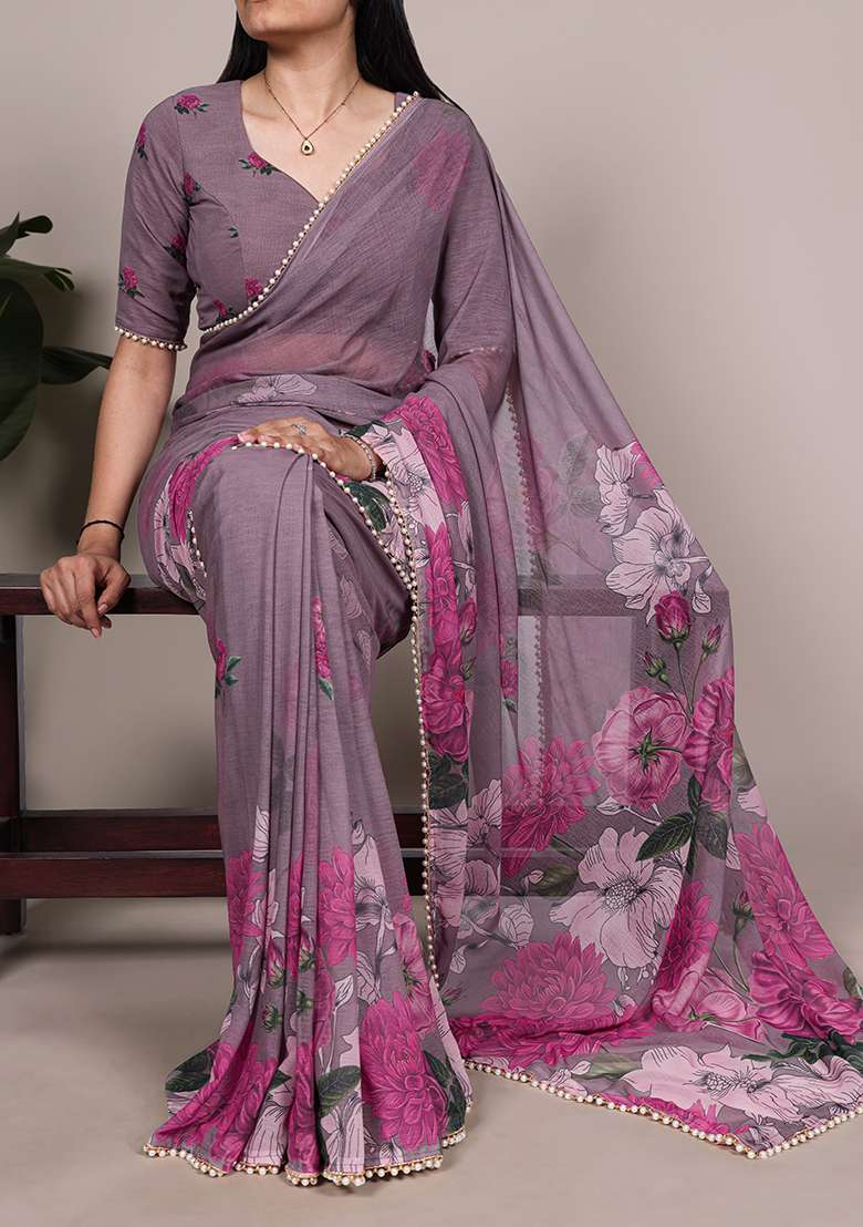 Grey Marbal Saree Set with Floral Print for Diwali | Wedding & Festive Wear - Indya