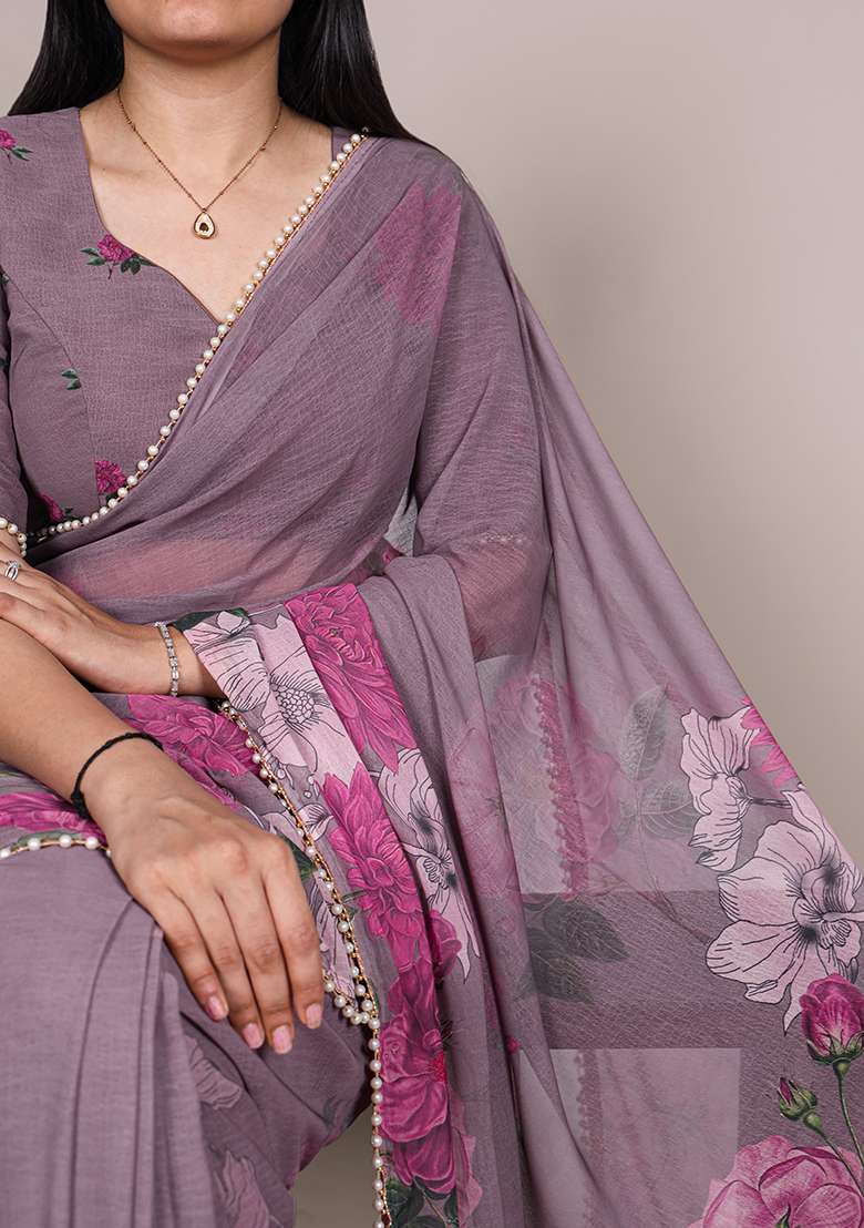 Grey Marbal Saree Set with Floral Print for Diwali | Wedding & Festive Wear - Indya