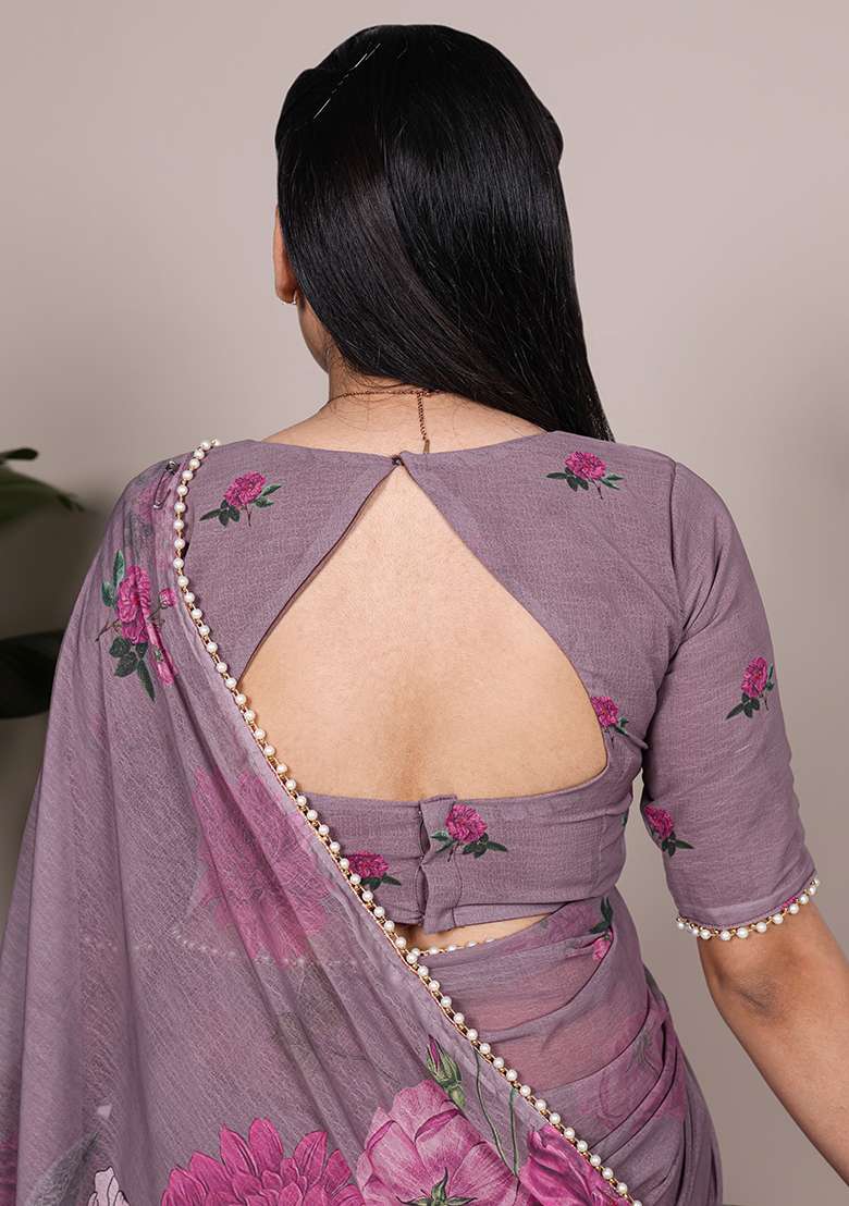 Grey Marbal Saree Set with Floral Print for Diwali | Wedding & Festive Wear - Indya