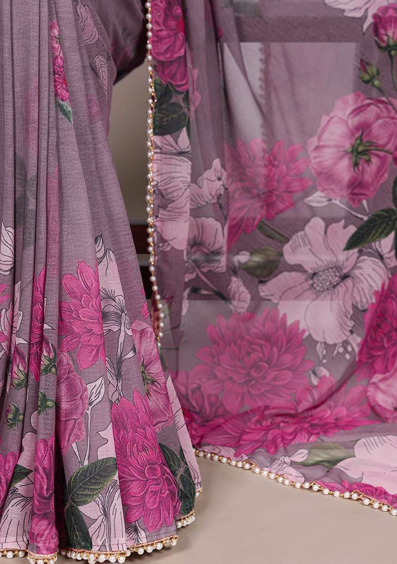 Grey Marbal Saree Set with Floral Print for Diwali | Wedding & Festive Wear - Indya